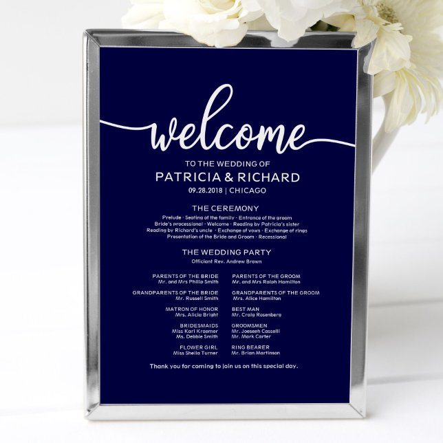 Wedding Ceremony Program Board Chic Navy Blue Poster (Creator Uploaded)