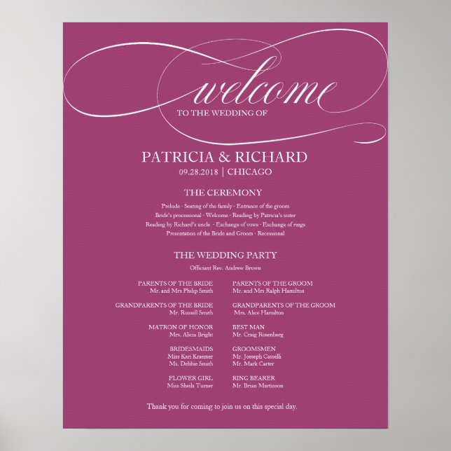 Wedding Ceremony Program Board Pink Cassis Poster (Front)