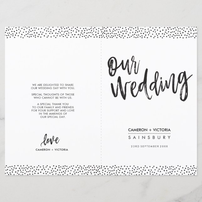 WEDDING CEREMONY PROGRAM brush type black confetti (Front)