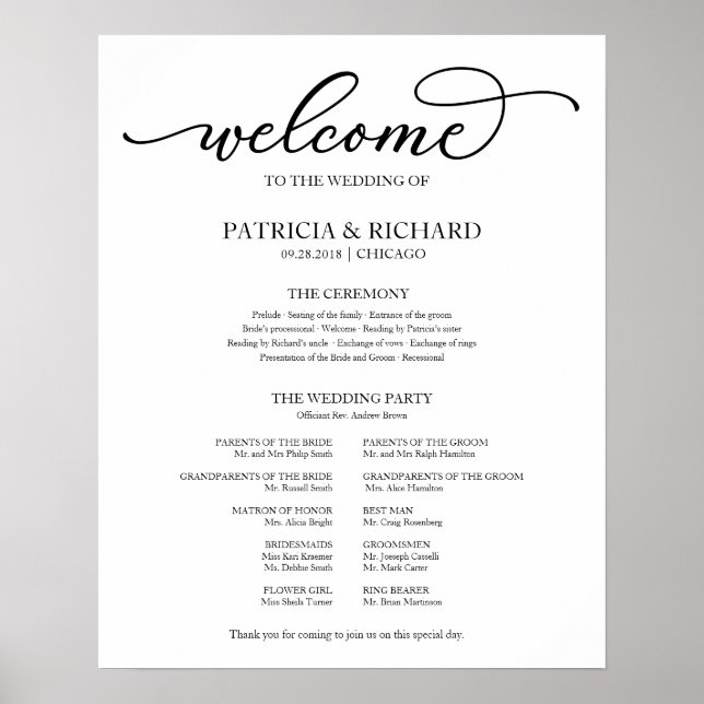 Wedding Ceremony Program Chic Script Poster (Front)