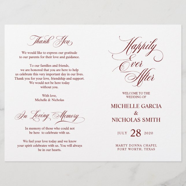 Wedding Ceremony Program Classic Elegance Burgundy (Front)