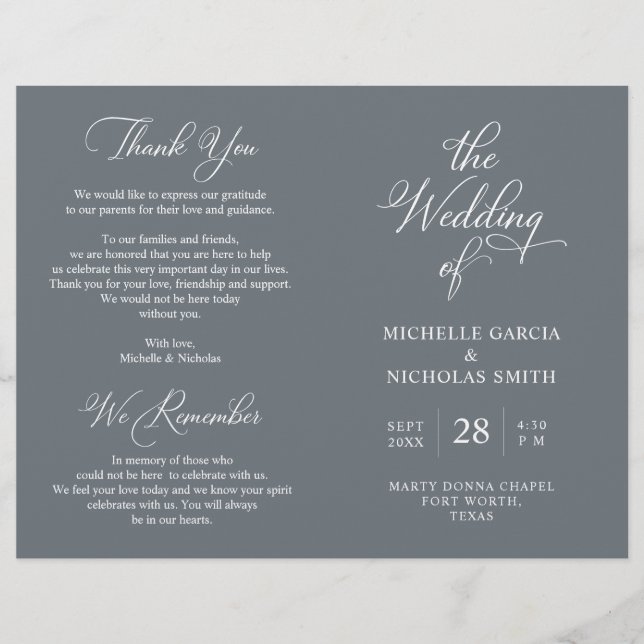 Wedding Ceremony Program, Classy Dark Grey Themed (Front)