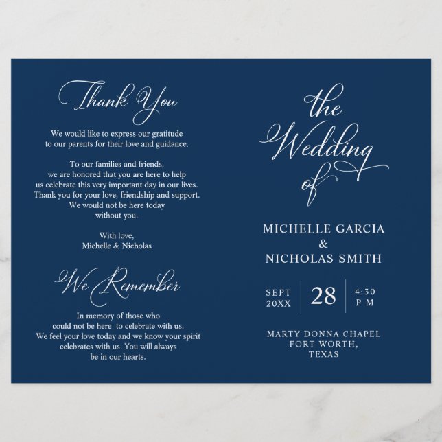 Wedding Ceremony Program, Classy Navy Blue themed (Front)