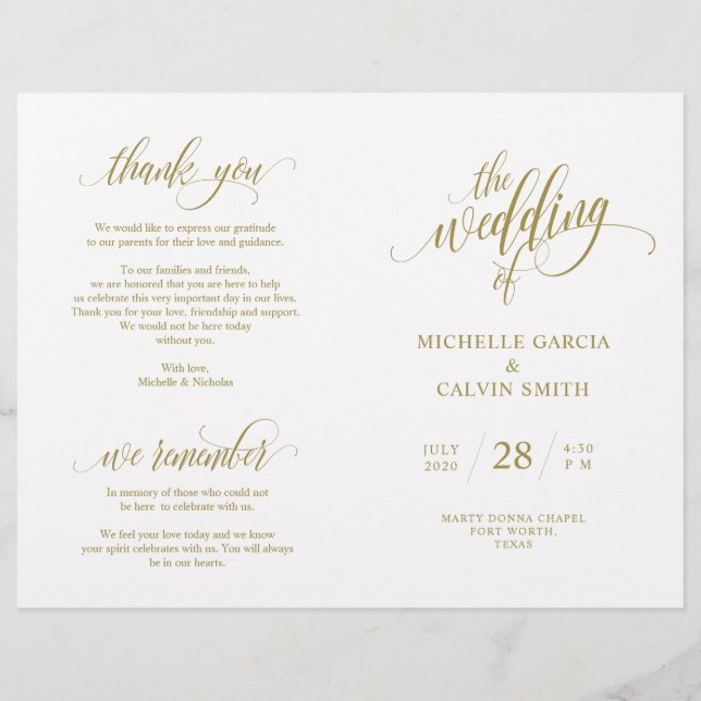 Wedding Ceremony Program Elegance Script GOLD (Front)