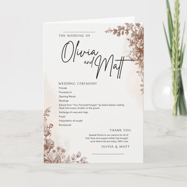 Wedding Ceremony Program – Elegant Floral Brown De Programme (Front)
