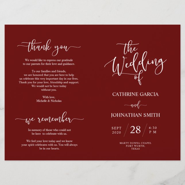 Wedding Ceremony Program, Elegant Script Burgundy (Front)