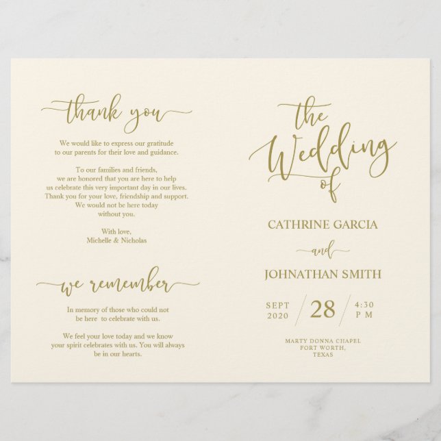 Wedding Ceremony Program, Elegant Script Gold (Front)