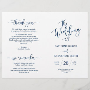 Wedding Ceremony Program, Elegant Script Navy Blue