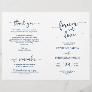 Wedding Ceremony Program, Elegant Script Navy Blue