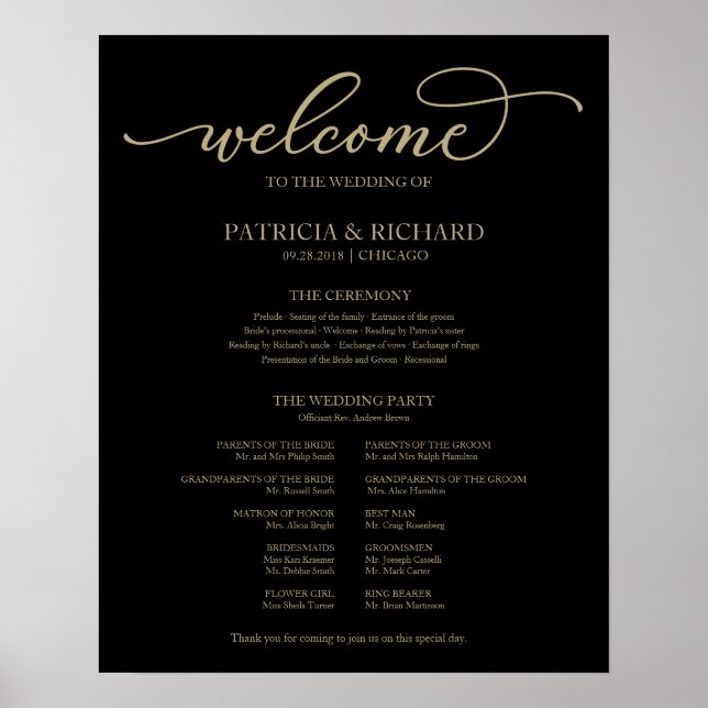 Wedding Ceremony Program Gold Script Black Sign (Front)