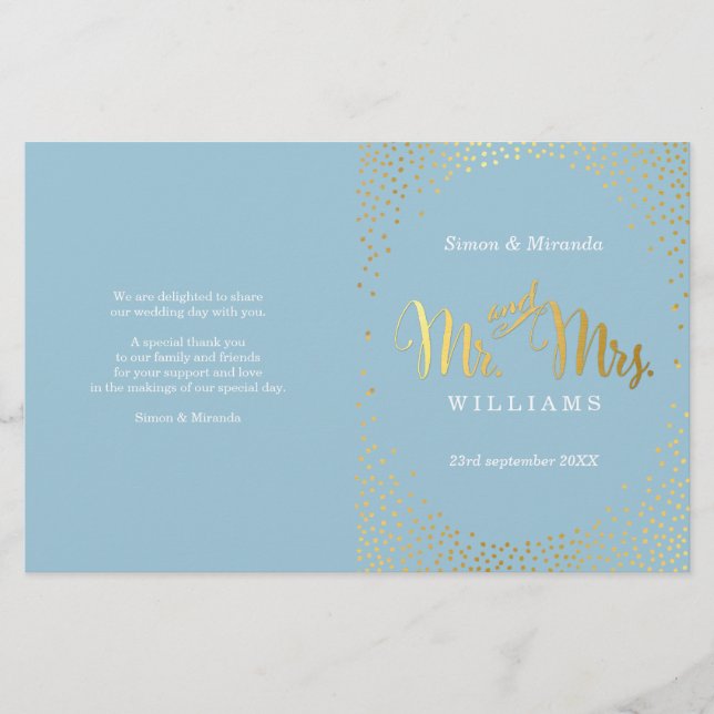 WEDDING CEREMONY PROGRAM mini gold confetti blue (Front)