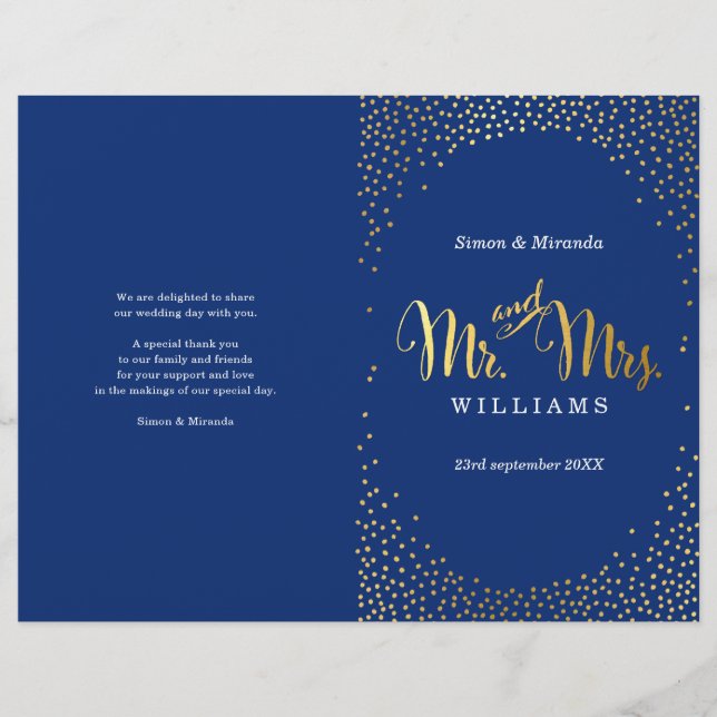 WEDDING CEREMONY PROGRAM mini gold confetti navy (Front)