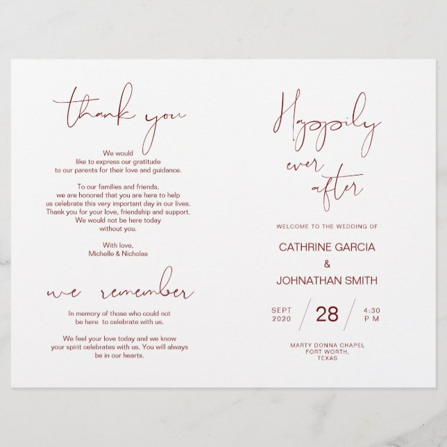 Wedding Ceremony Program Minimalist Burgundy (Front)