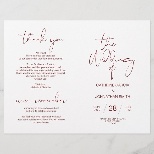 Wedding Ceremony Program, Minimalist burgundy (Front)