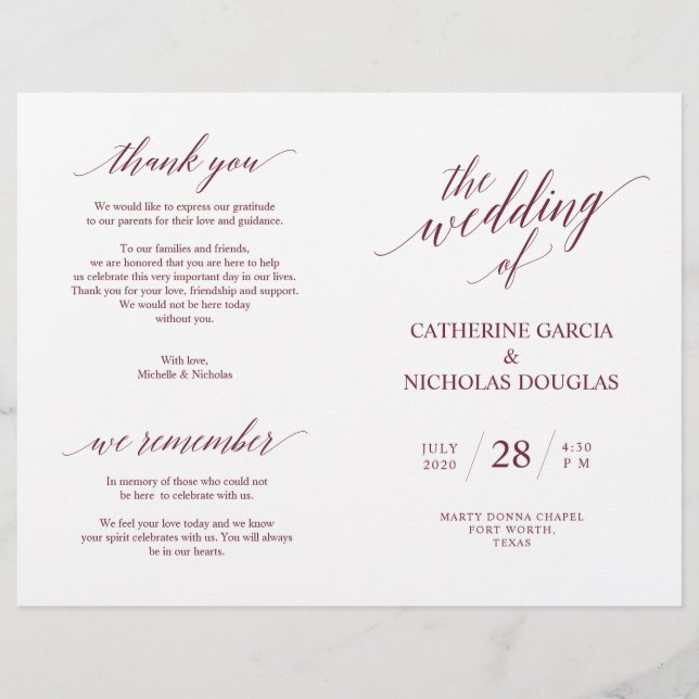 Wedding Ceremony Program Modern Elegance Burgundy (Front)