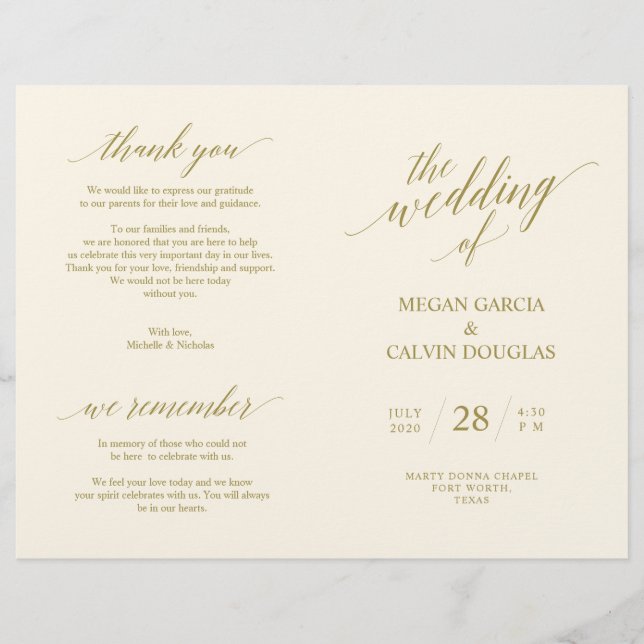 Wedding Ceremony Program Modern Elegance GOLD (Front)