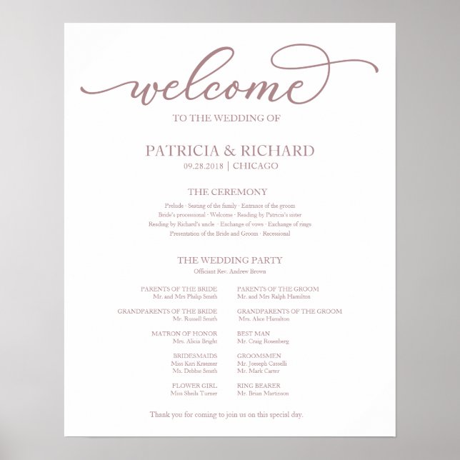 Wedding Ceremony Program Rose Gold Script Sign (Front)