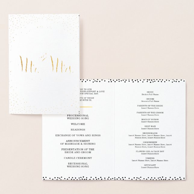 WEDDING CEREMONY PROGRAM stylish mr & mrs confetti Foil Card (Display)