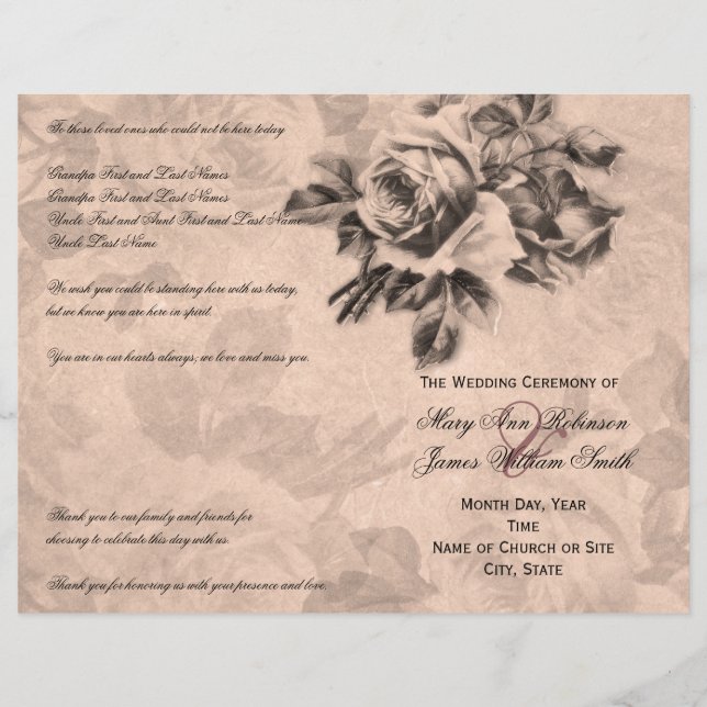 Wedding Ceremony Program Vintage Roses Sepia (Front)