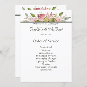 Wedding Ceremony Program Watercolor Pink Roses Invitation