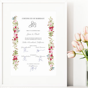Wedding Certificate Floral Pink & Red Garland Poster