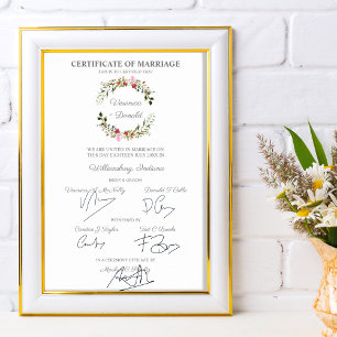 Wedding Certificate Red & Pink Floral Wreath Poster