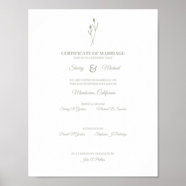 Wedding Certificate Simple Sage Floral Wildflowers Poster (Front)