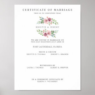 Wedding Certificate with Pink Floral Wreath Poster