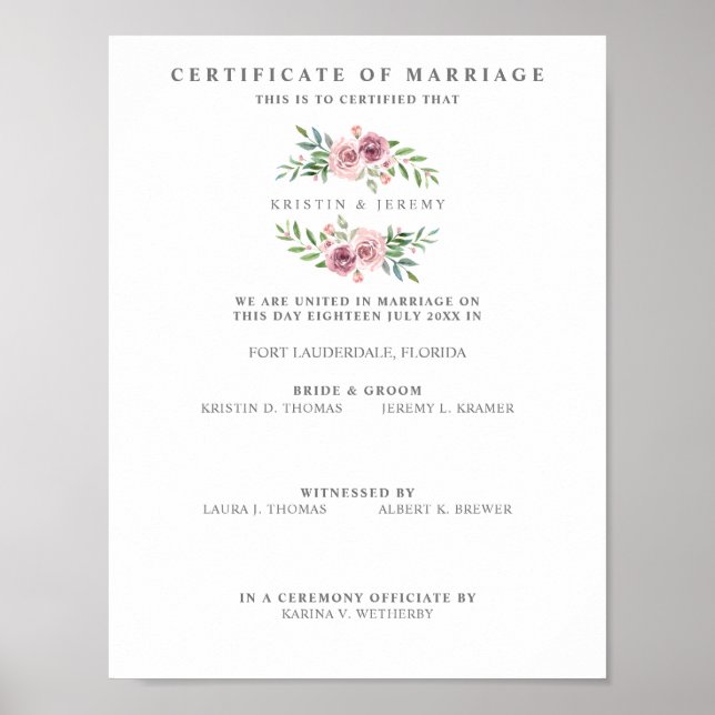 Wedding Certificate with Pink Floral Wreath Poster (Front)