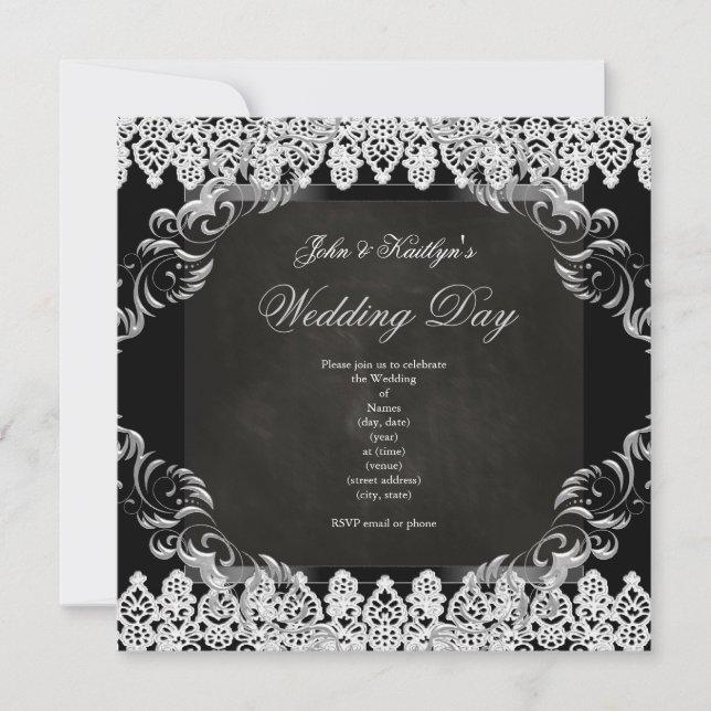 Wedding Chalkboard Black Vintage Lace Silver 2 Invitation (Front)