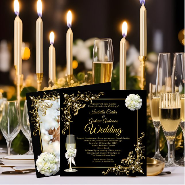 Wedding Champagne Black Gold Pearl Photo Invitation (Creator Uploaded)
