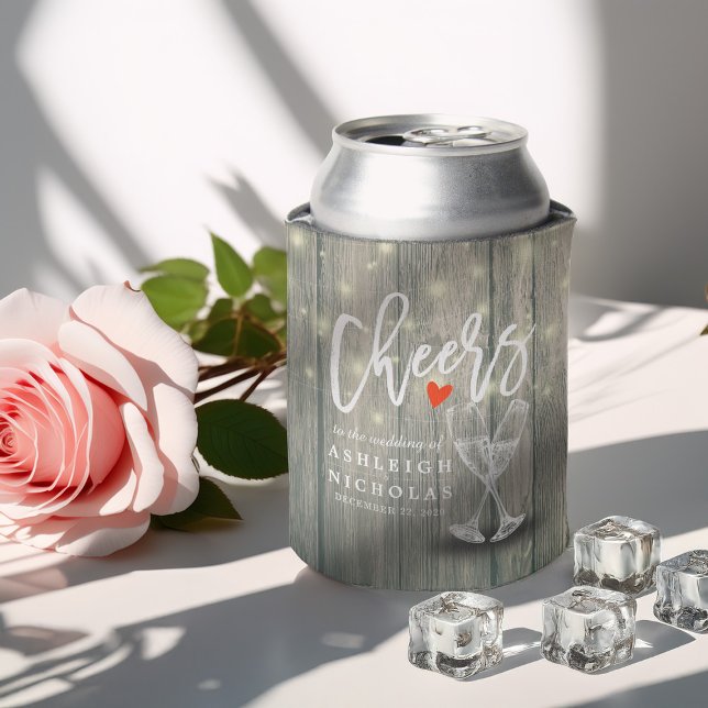 Wedding Champagne Glasses Rustic Wood String Light Can Cooler (Creator Uploaded)