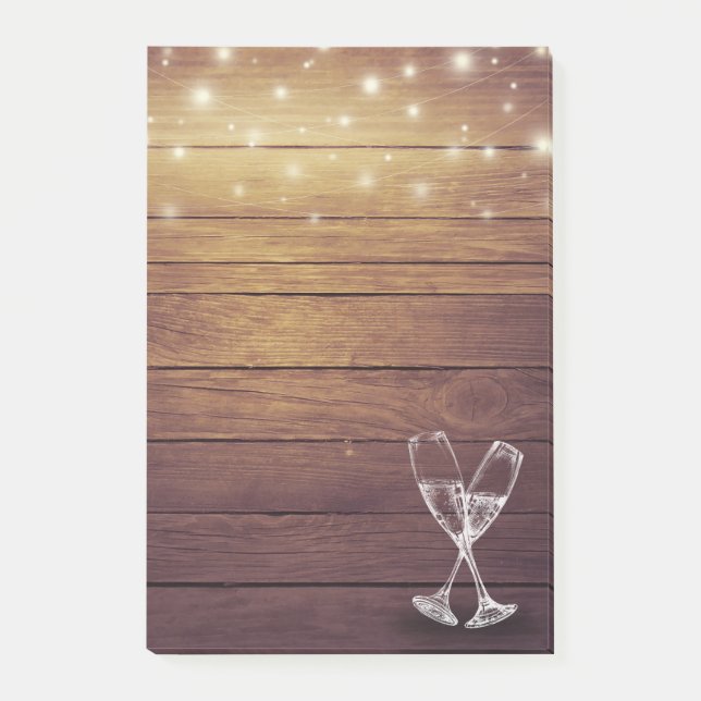 Wedding Champagne Glasses String Light Rustic Wood Post-it Notes (Front)