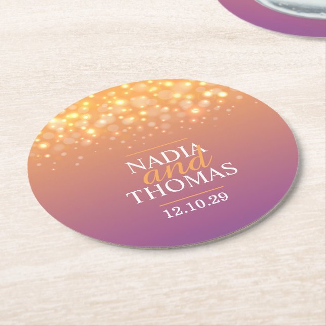 Wedding champagne purple golden paper coasters (Angled)