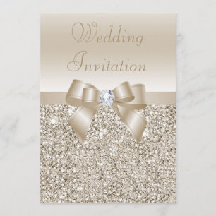 Wedding Champagne Sequins, Bow & Diamond Invitation