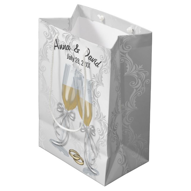 Wedding Champagne Toast On Damask Medium Gift Bag (Front Angled)