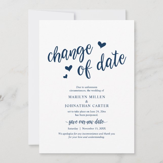 Wedding, Change of date, Navy blue, Announcement (Front)
