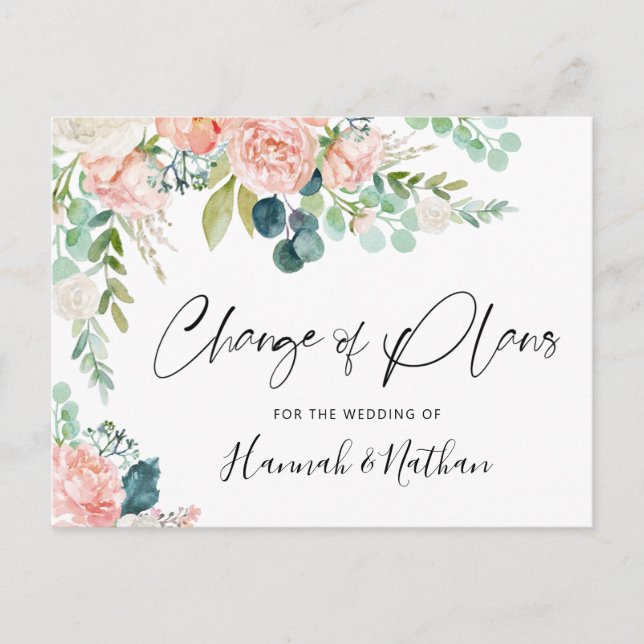 Wedding Change of Plans Blush Pink Floral New Date Announcement Postcard (Front)