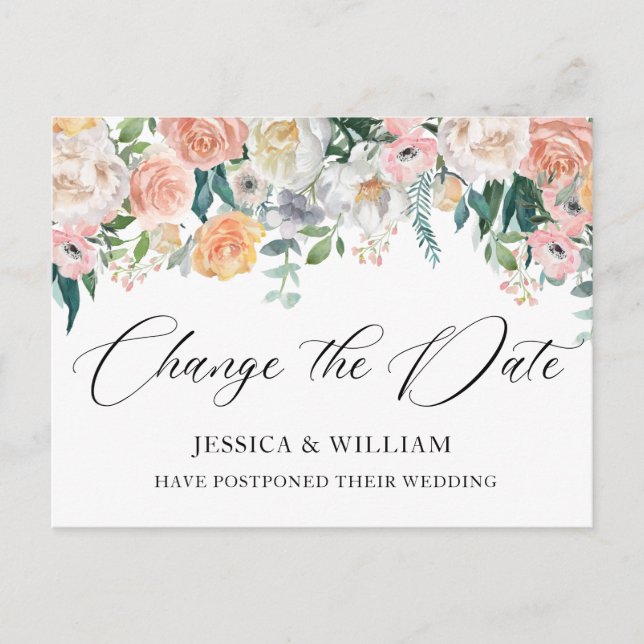 Wedding Change the Date Blue Blush Roses Postcard (Front)