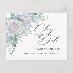 Wedding Change the Date Blue Blush Roses Postcard