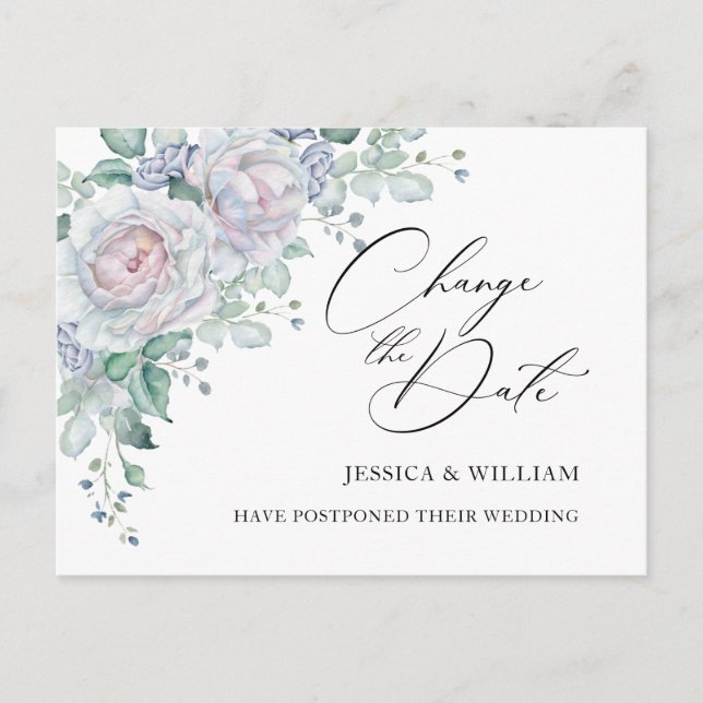 Wedding Change the Date Blue Blush Roses Postcard (Front)
