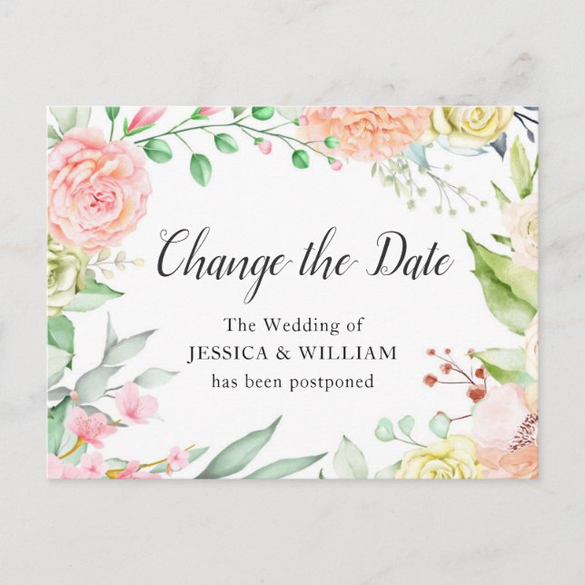 Wedding Change the Date Elegant Blush Roses Postcard (Front)