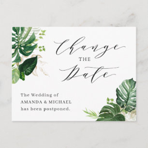 Wedding Change the Date Tropical Palm Leaves Postcard