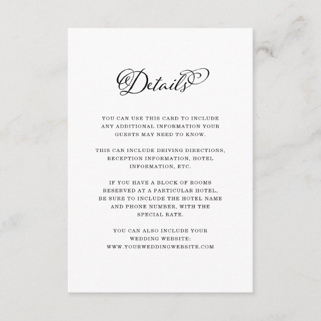 Wedding Charm Black and White Calligraphy Details Enclosure Card (Front)