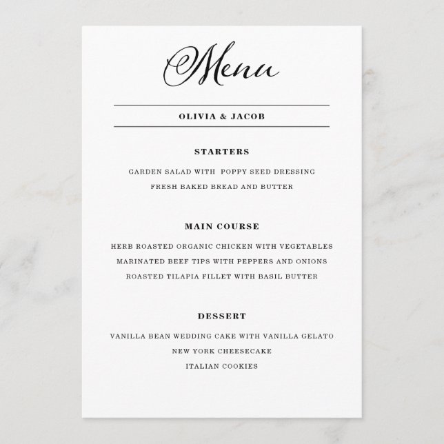 Wedding Charm | Black and White Calligraphy Menu (Front)