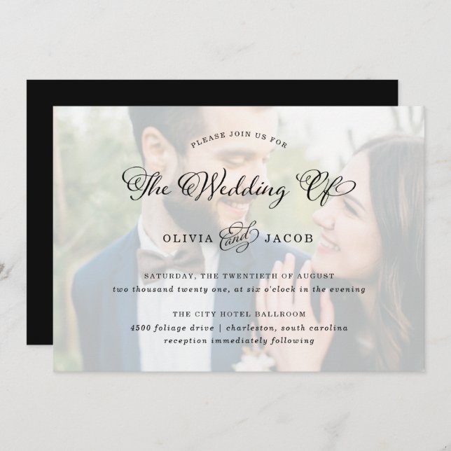 Wedding Charm | Black and White Calligraphy Photo Invitation (Front/Back)