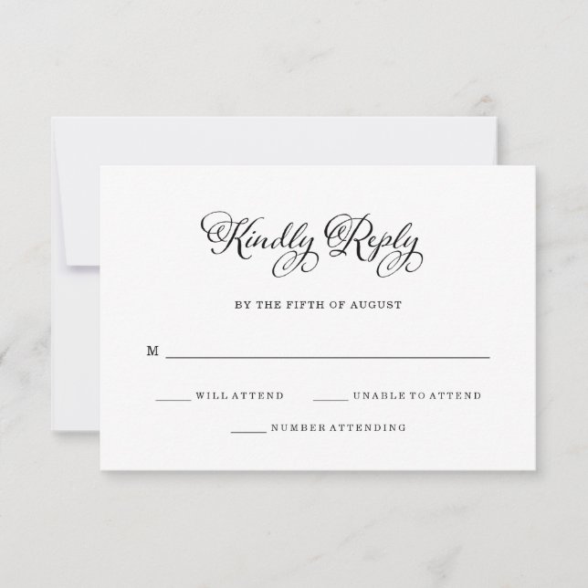 Wedding Charm | Black and White Calligraphy RSVP Card (Front)