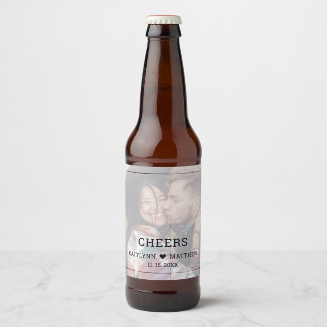 Wedding Cheers Photo Minimalist Modern Typography Beer Bottle Label (Front)