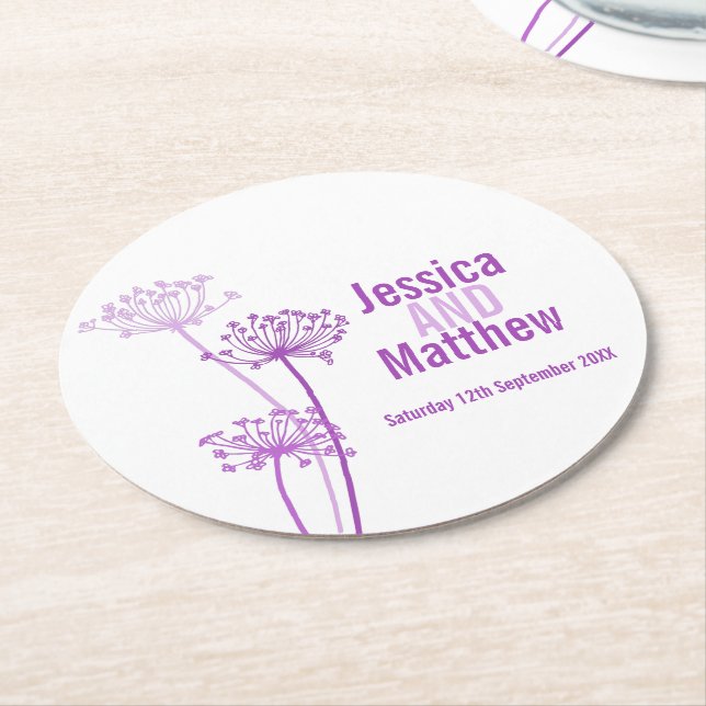 Wedding chervil graphic art purple paper coasters (Angled)