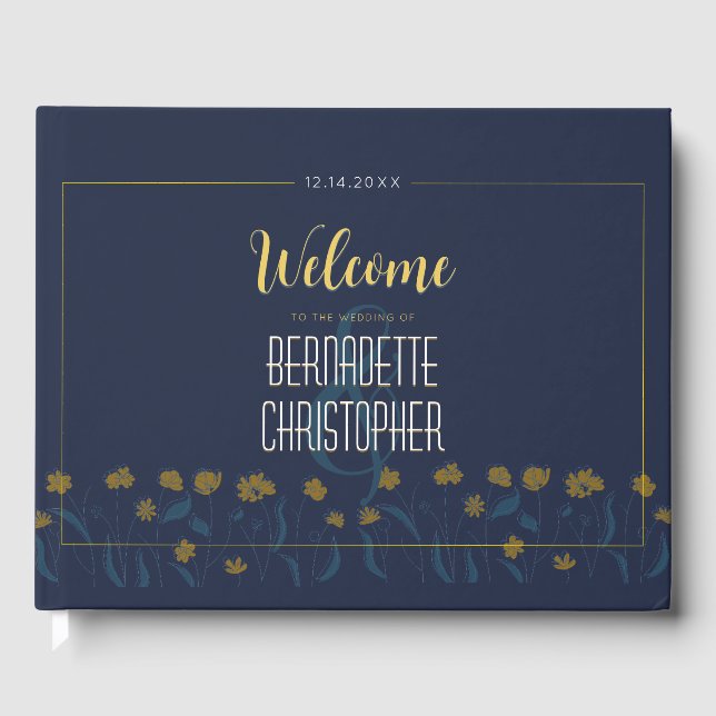 Wedding Chic Modern Elegant Simple Blue Yellow Guest Book (Front)